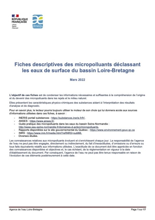 [Publication] Fiches descriptives micropolluants déclassant les eaux de surface du bassin Loire-Bretagne